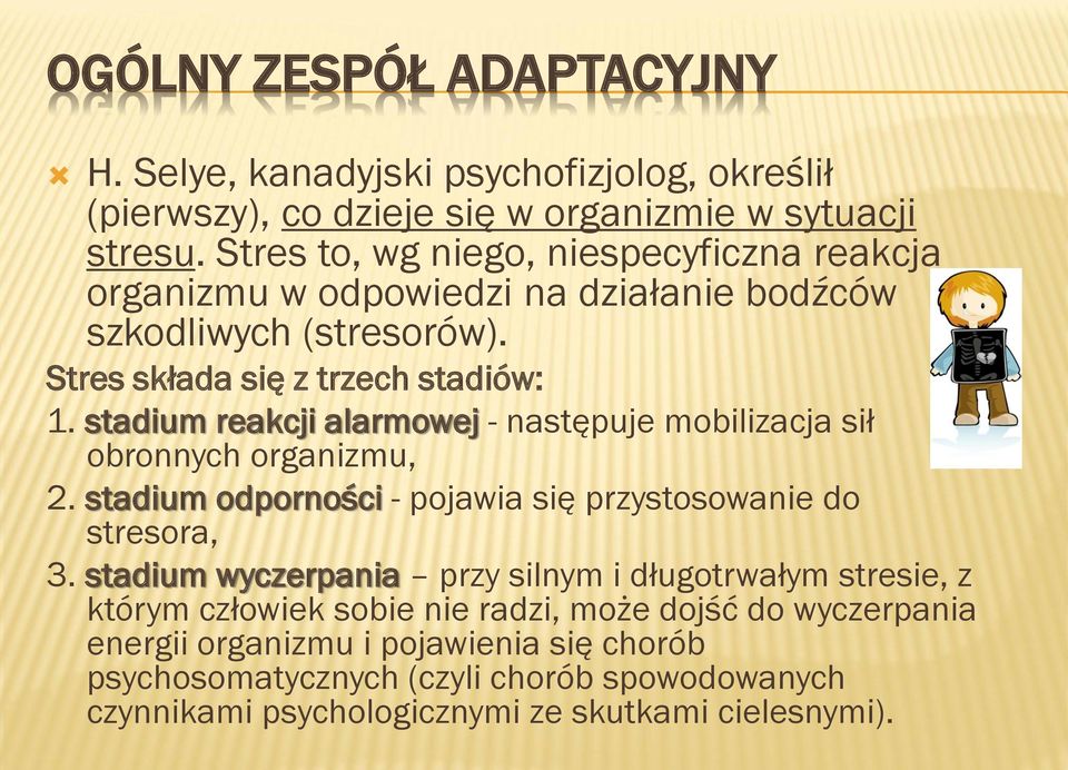 stadium reakcji alarmowej - następuje mobilizacja sił obronnych organizmu, 2. stadium odporności - pojawia się przystosowanie do stresora, 3.