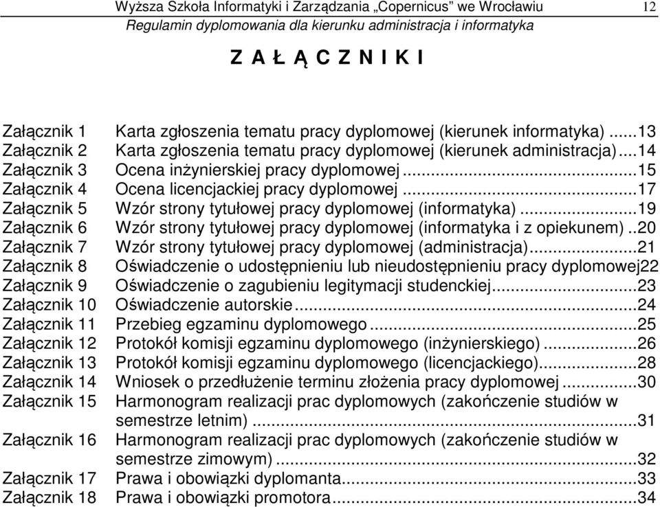 ..15 Załącznik 4 Ocena licencjackiej pracy dyplomowej...17 Załącznik 5 Wzór strony tytułowej pracy dyplomowej (informatyka).