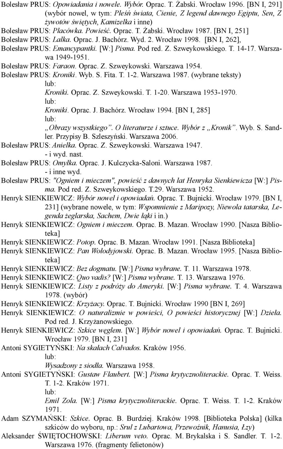 [BN I, 251] Bolesław PRUS: Lalka. Oprac. J. Bachórz. Wyd. 2. Wrocław 1998. [BN I, 262], Bolesław PRUS: Emancypantki. [W:] Pisma. Pod red. Z. Szweykowskiego. T. 14-17. Warszawa 1949-1951.