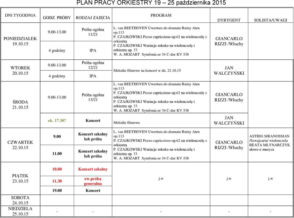 15 12/21 Melodie filmowe na koncert w dn. 21.10.15 JAN WALCZYŃSKI 21.10.15 13/21 L. van BEETHOVEN Uwertura do dramatu Ruiny Aten op.113 P. CZAJKOWSKI Pezzo capriccioso op.