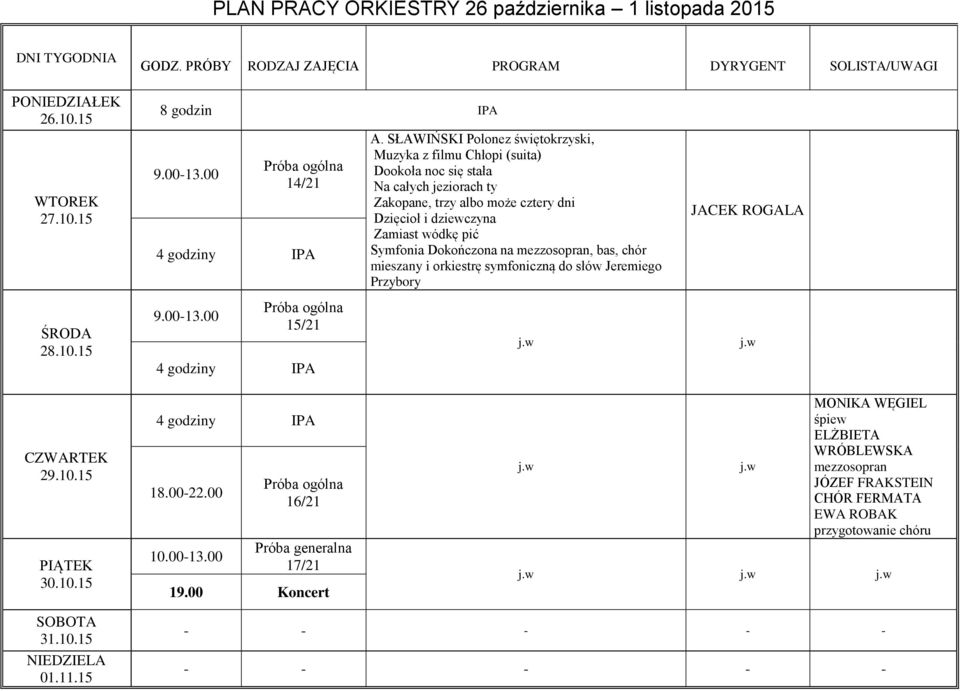 dni Dzięcioł i dziewczyna Zamiast wódkę pić Symfonia Dokończona na mezzosopran, bas, chór mieszany i orkiestrę symfoniczną do słów Jeremiego