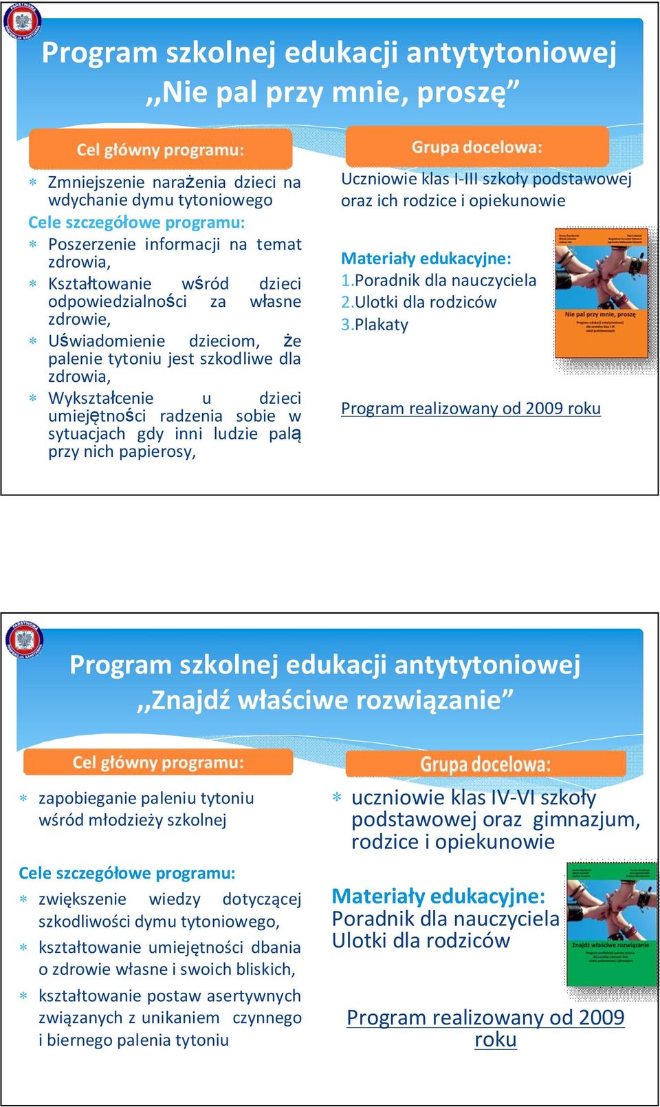 gdy inni ludzie palą przy nich papierosy, Uczniowie klas I-III szkoły podstawowej oraz ich rodzice i opiekunowie Materiały edukacyjne: 1.Poradnik dla nauczyciela 2.Ulotki dla rodziców 3.