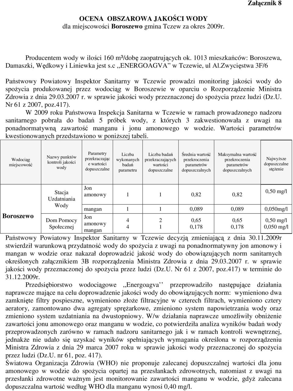 Zwycięstwa 3F/6 spoŝycia produkowanej przez wodociąg w Boroszewie w oparciu o Rozporządzenie Ministra sanitarnego pobrała do badań 5 próbek wody, z których 3 zakwestionowała z uwagi na