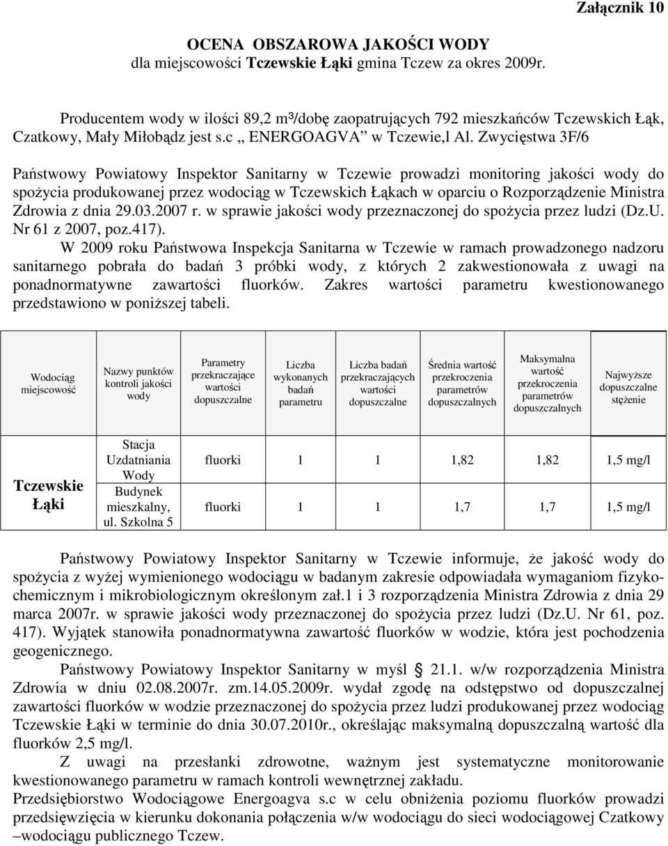 Zwycięstwa 3F/6 spoŝycia produkowanej przez wodociąg w Tczewskich Łąkach w oparciu o Rozporządzenie Ministra sanitarnego pobrała do badań 3 próbki wody, z których 2 zakwestionowała z uwagi na