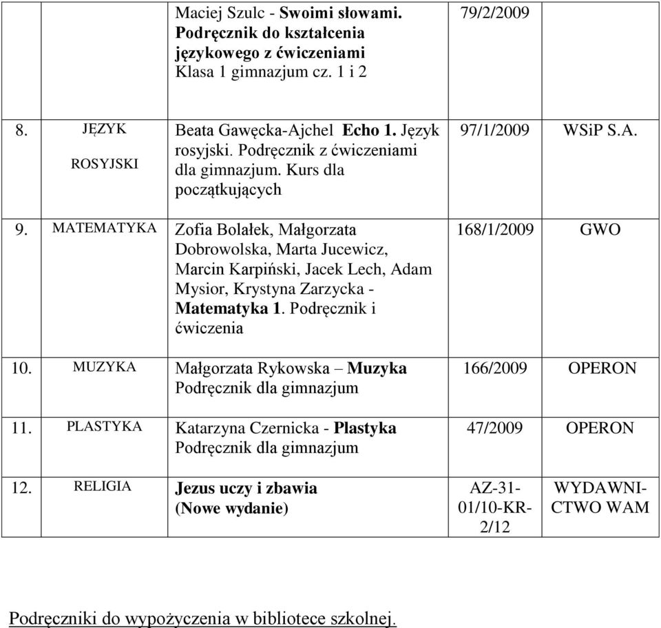 /1/2009 WSiP S.A. 9. MATEMATYKA Zofia Bolałek, Małgorzata Dobrowolska, Marta Jucewicz, Marcin Karpiński, Jacek Lech, Adam Mysior, Krystyna Zarzycka - Matematyka 1.