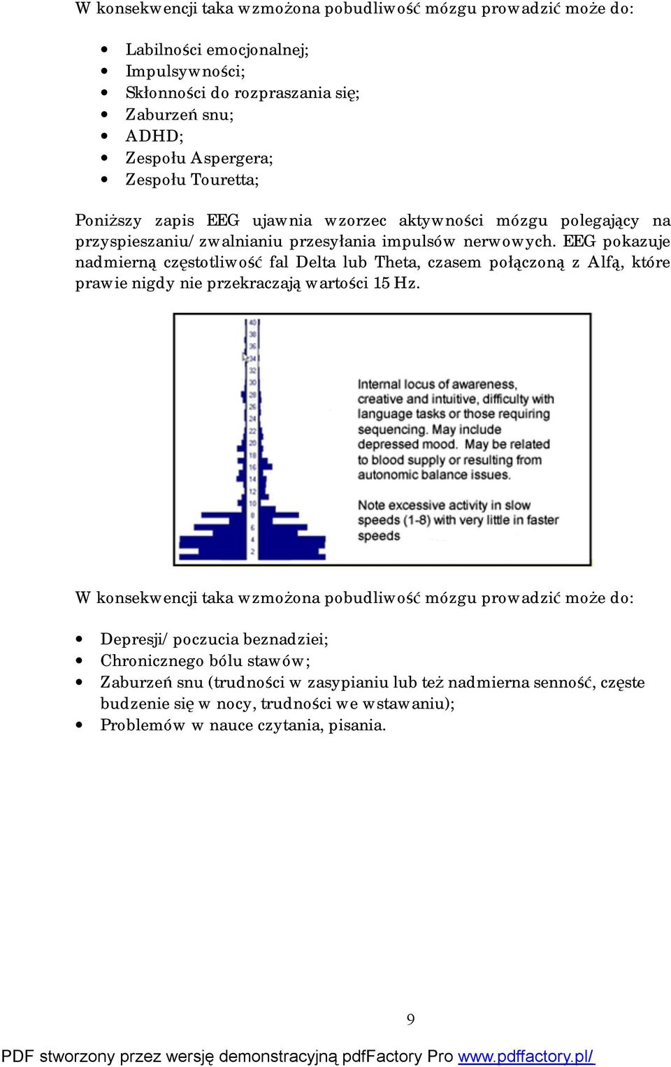 EEG pokazuje nadmierną częstotliwość fal Delta lub Theta, czasem połączoną z Alfą, które prawie nigdy nie przekraczają wartości 15 Hz.