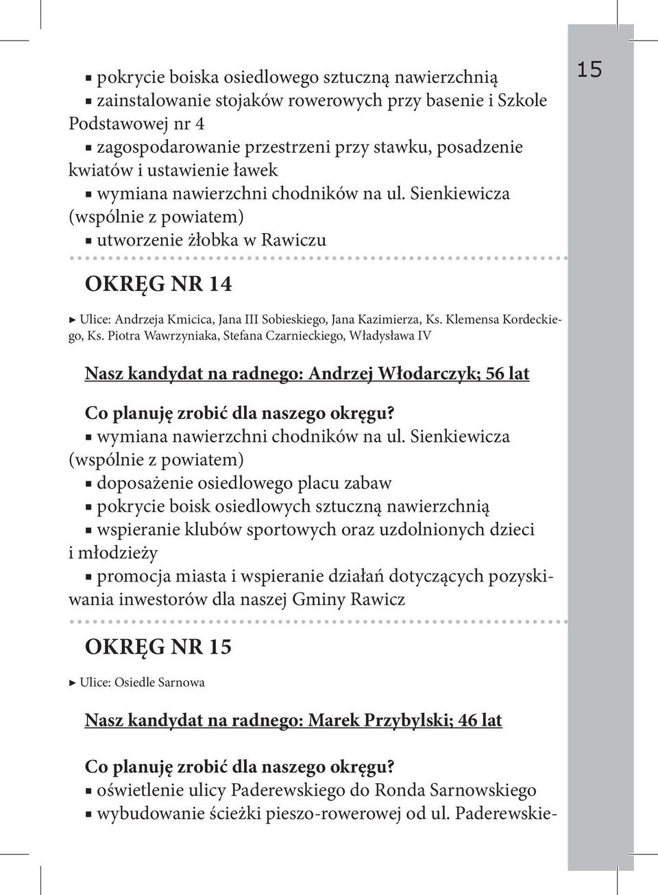 Klemensa Kordeckiego, Ks. Piotra Wawrzyniaka, Stefana Czarnieckiego, Władysława IV Nasz kandydat na radnego: Andrzej Włodarczyk; 56 lat wymiana nawierzchni chodników na ul.