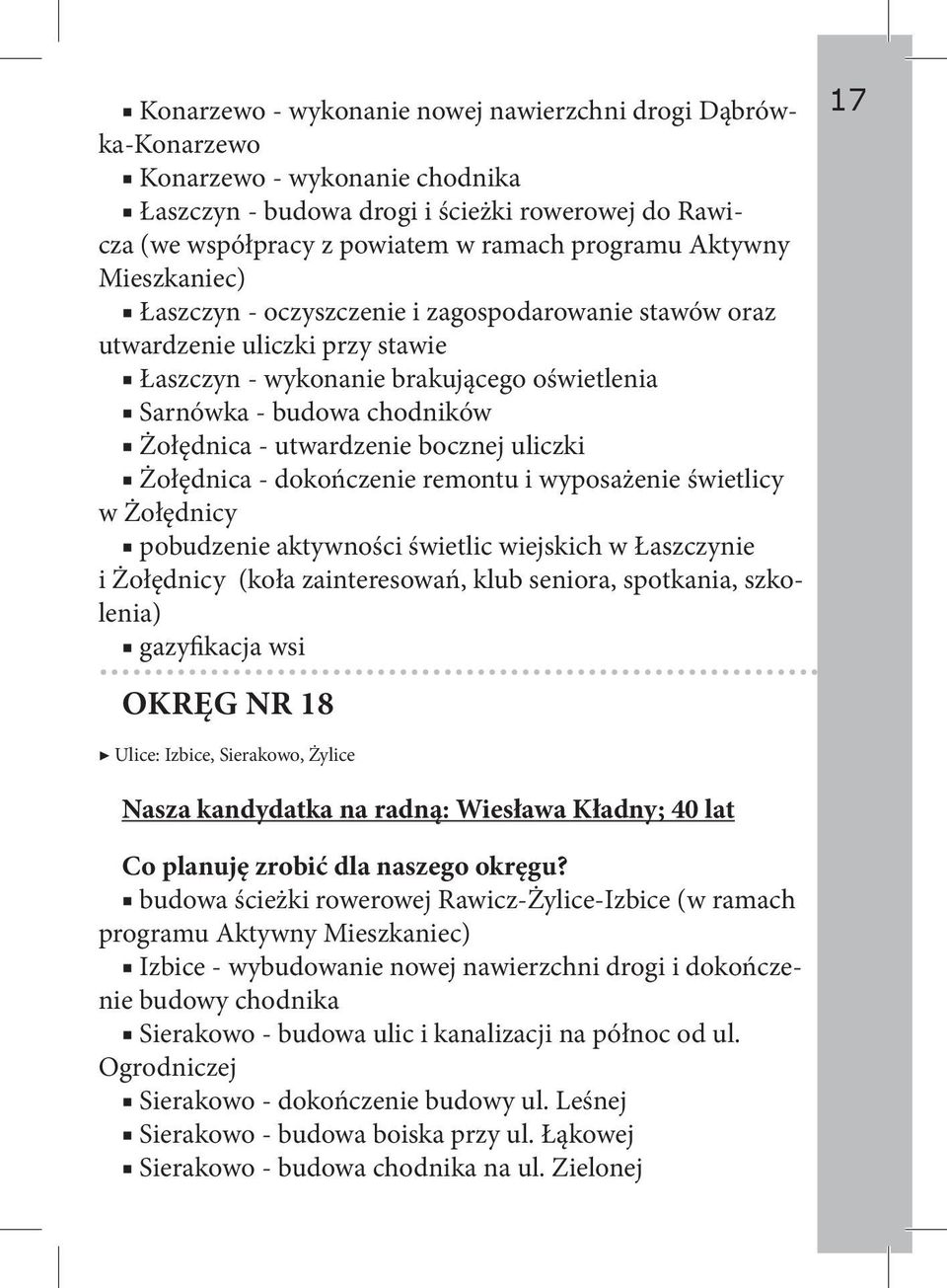 utwardzenie bocznej uliczki Żołędnica - dokończenie remontu i wyposażenie świetlicy w Żołędnicy pobudzenie aktywności świetlic wiejskich w Łaszczynie i Żołędnicy (koła zainteresowań, klub seniora,