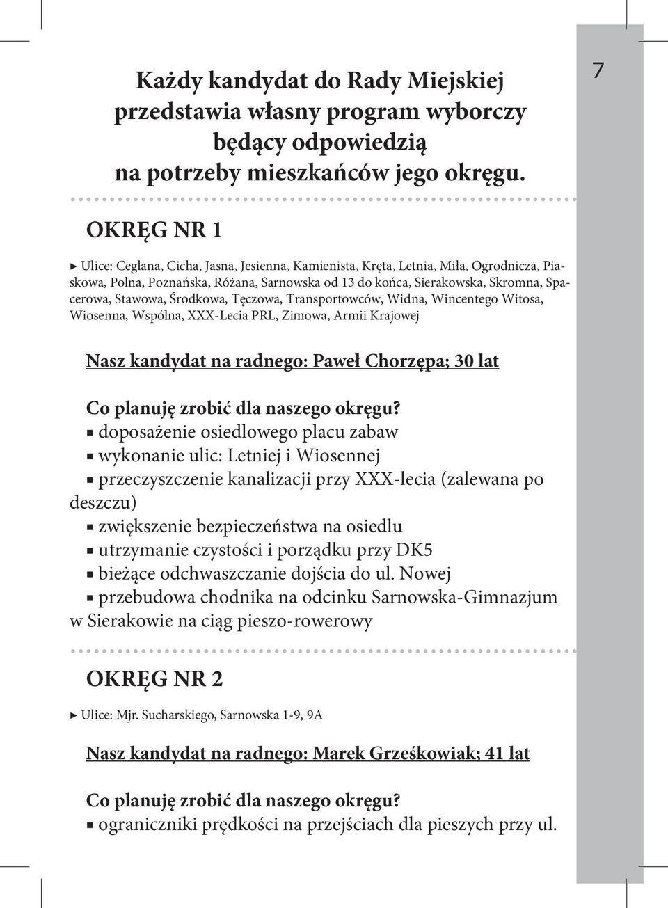 Stawowa, Środkowa, Tęczowa, Transportowców, Widna, Wincentego Witosa, Wiosenna, Wspólna, XXX-Lecia PRL, Zimowa, Armii Krajowej Nasz kandydat na radnego: Paweł Chorzępa; 30 lat doposażenie osiedlowego