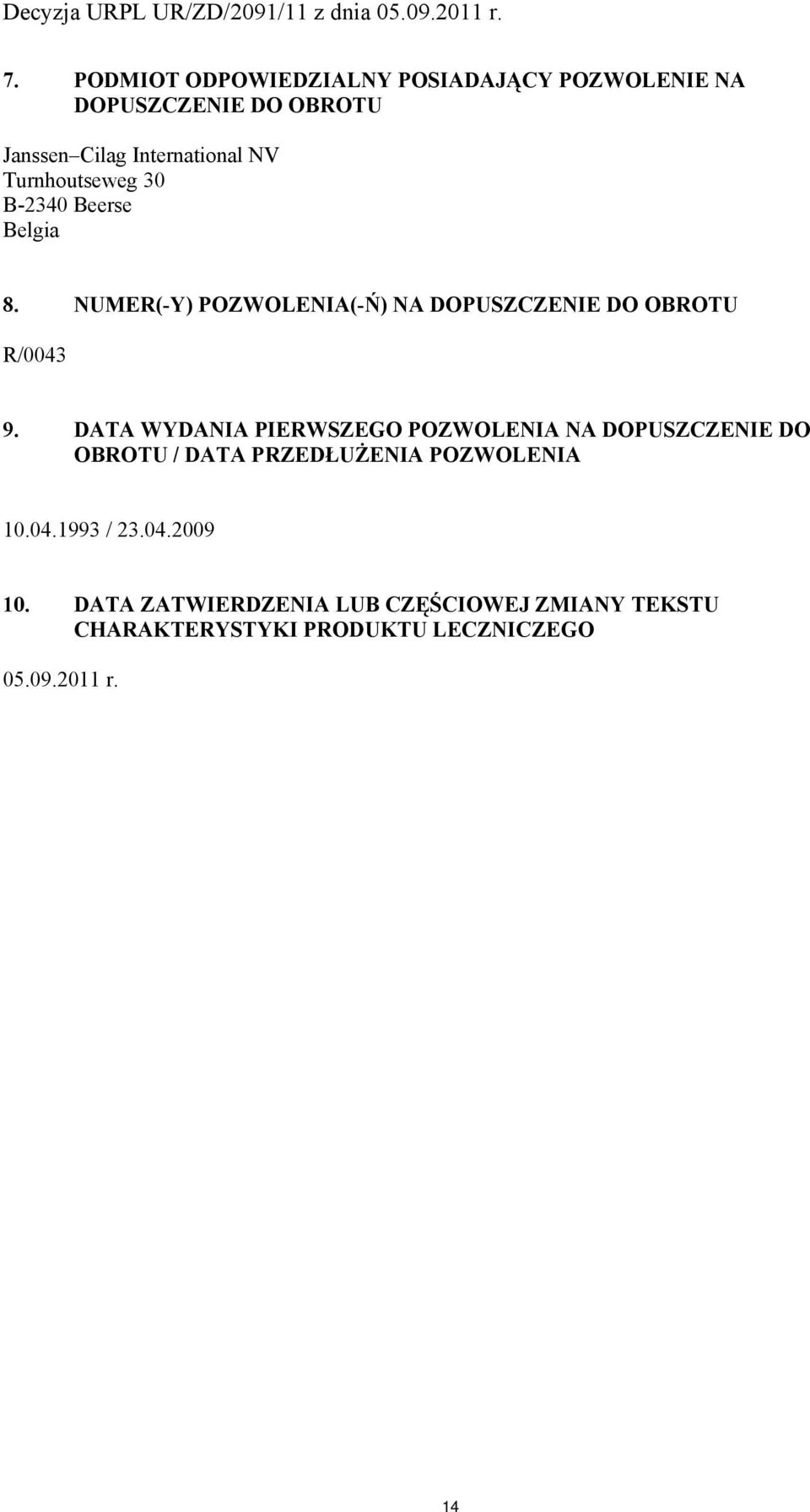 DATA WYDANIA PIERWSZEGO POZWOLENIA NA DOPUSZCZENIE DO OBROTU / DATA PRZEDŁUŻENIA POZWOLENIA 10.04.