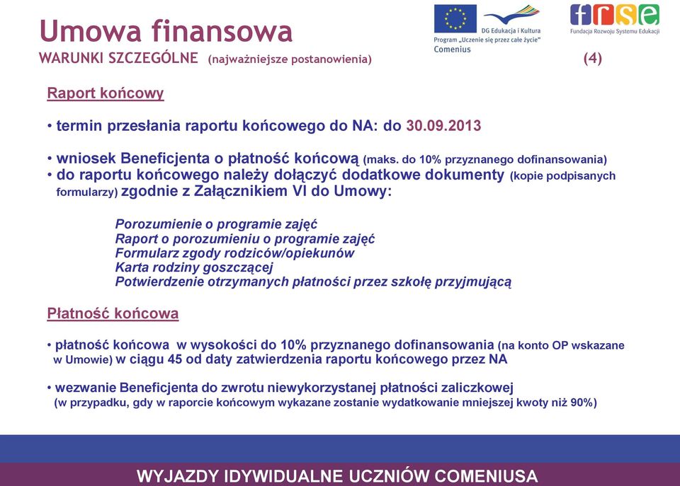 programie zajęć Raport o porozumieniu o programie zajęć Formularz zgody rodziców/opiekunów Karta rodziny goszczącej Potwierdzenie otrzymanych płatności przez szkołę przyjmującą płatność końcowa w