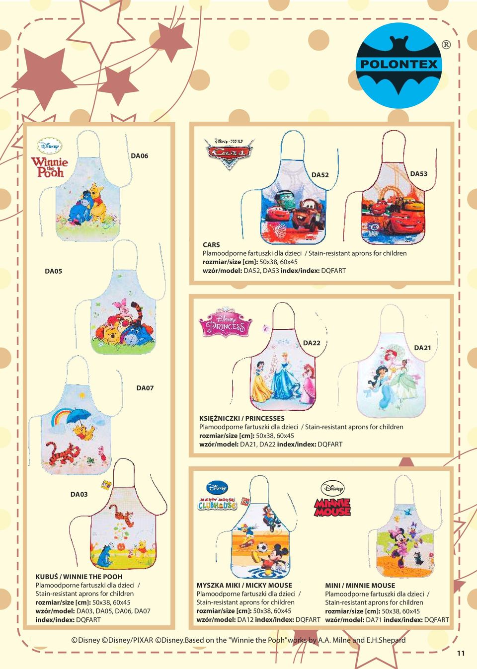 Stain-resistant aprons for hildren rozmiar/size [m]: 50x38, 60x45 wzór/model: DA03, DA05, DA06, DA07 index/index: DQFART MYSZKA MIKI / MICKY MOUSE Plamoodporne fartuszki dla dziei / Stain-resistant