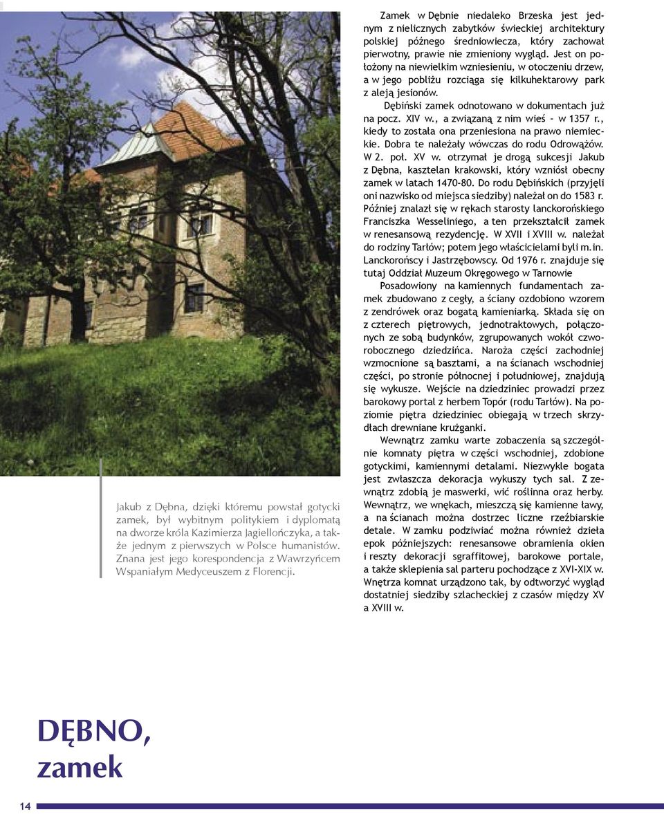Zamek w Dębnie niedaleko Brzeska jest jednym z nielicznych zabytków świeckiej architektury polskiej późnego średniowiecza, który zachował pierwotny, prawie nie zmieniony wygląd.