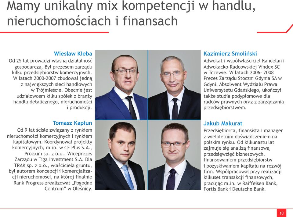 Tomasz Kapłun Od 9 lat ściśle związany z rynkiem nieruchomości komercyjnych i rynkiem kapitałowym. Koordynował projekty komercyjnych, m.in. w CF Plus S.A., Proexim sp. z o.o., Wiceprezes Zarządu w Tiga Investment S.