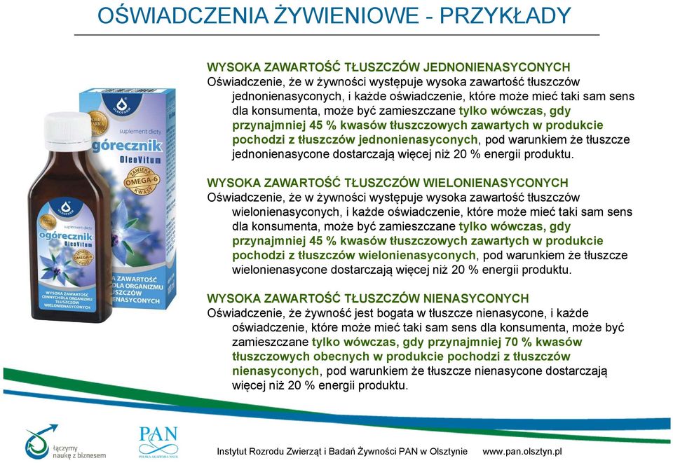 tłuszcze jednonienasycone dostarczają więcej niż 20 % energii produktu.