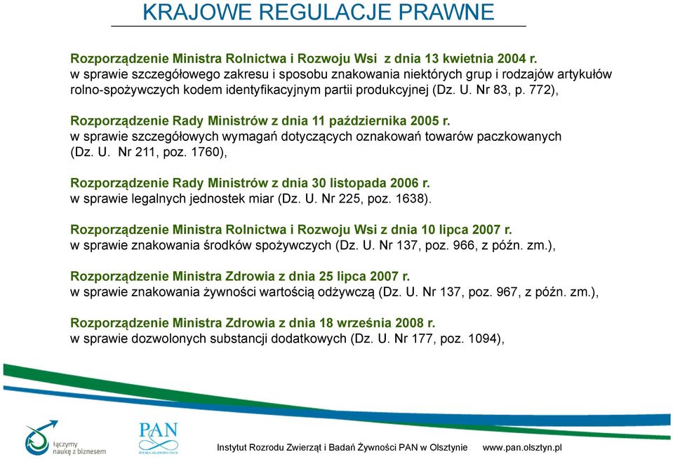 772), Rozporządzenie Rady Ministrów z dnia 11 października 2005 r. w sprawie szczegółowych wymagań dotyczących oznakowań towarów paczkowanych (Dz. U. Nr 211, poz.