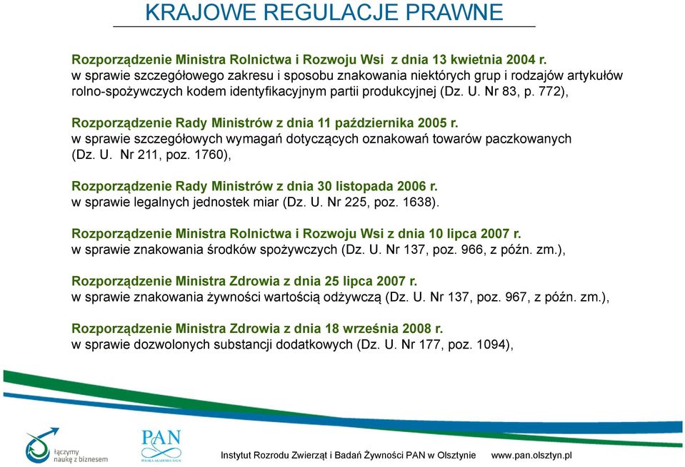 772), Rozporządzenie Rady Ministrów z dnia 11 października 2005 r. w sprawie szczegółowych wymagań dotyczących oznakowań towarów paczkowanych (Dz. U. Nr 211, poz.