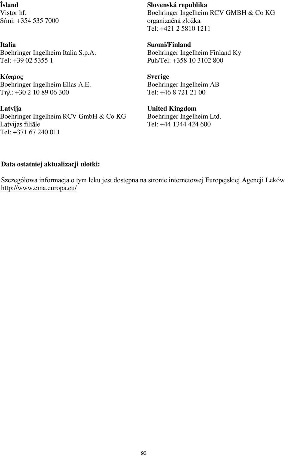 Tηλ: +30 2 10 89 06 300 Latvija Latvijas filiāle Tel: +371 67 240 011 Slovenská republika Boehringer Ingelheim RCV GMBH & Co KG organizačná zložka Tel: +421 2 5810