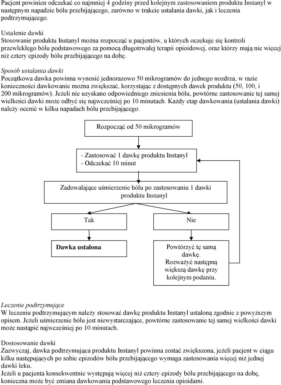 Ustalenie dawki Stosowanie produktu Instanyl można rozpocząć u pacjentów, u których oczekuje się kontroli przewlekłego bólu podstawowego za pomocą długotrwałej terapii opioidowej, oraz którzy mają