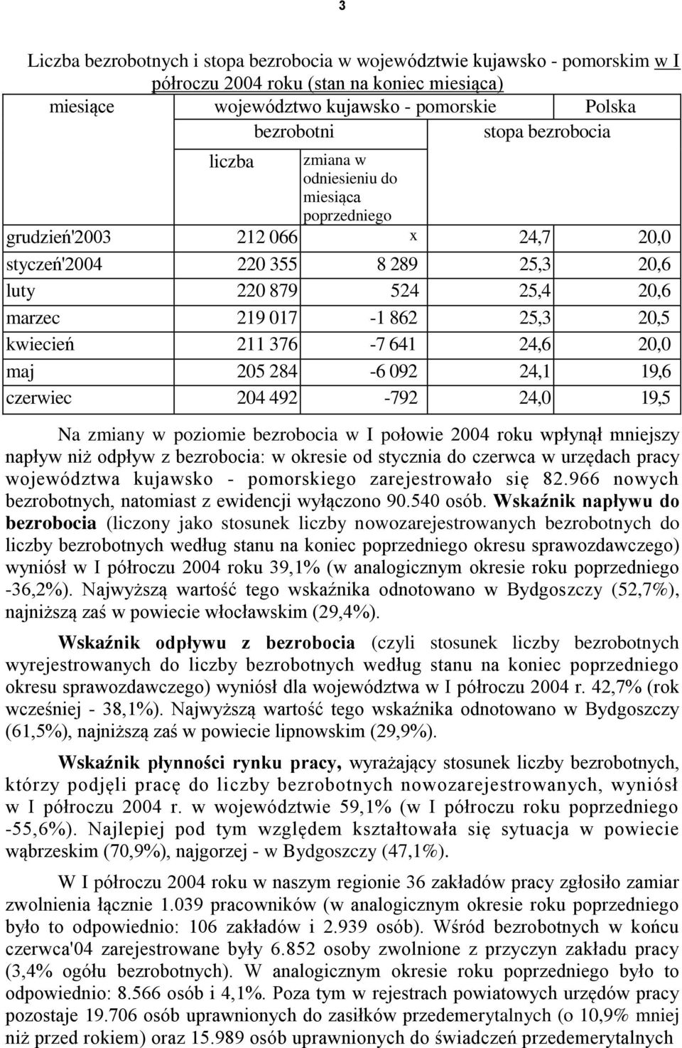 czerwiec 24 492-92 24, 9, Na zmiany w poziomie bezrobocia w I połowie 24 roku wpłynął mniejszy napływ niż odpływ z bezrobocia: w okresie od stycznia do czerwca w urzędach pracy województwa kujawsko -