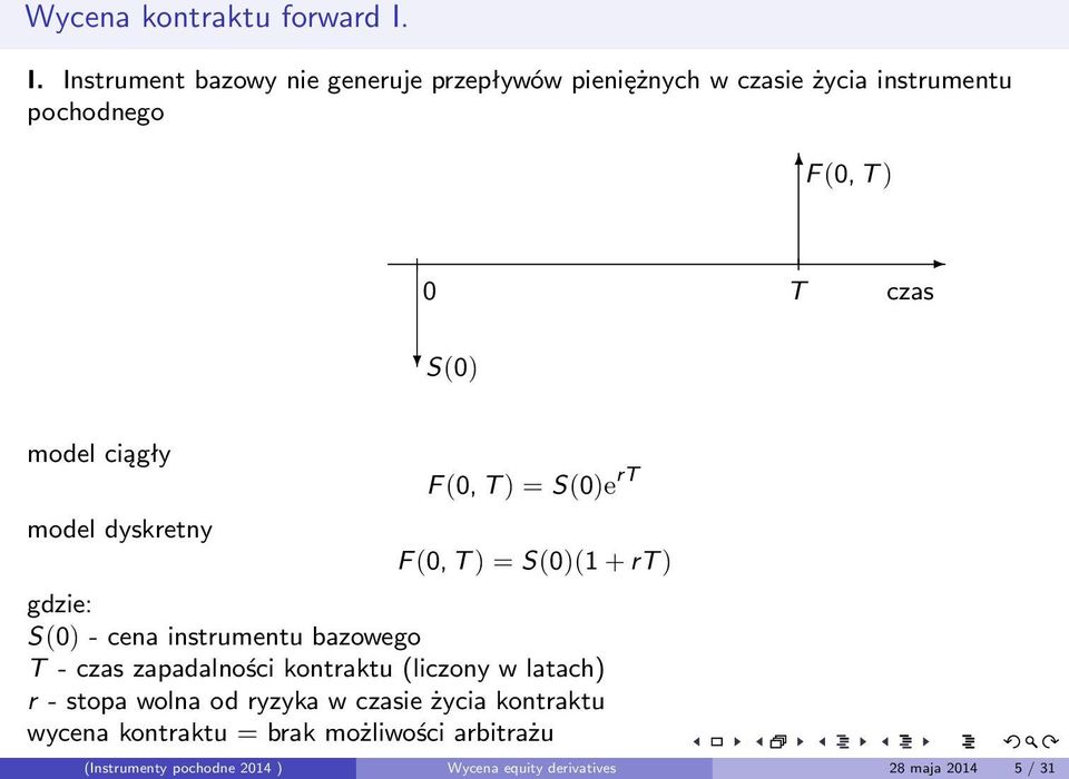 model ciągły model dyskretny F (0, T ) = S(0)e rt F (0, T ) = S(0)(1 + rt ) gdzie: S(0) - cena instrumentu bazowego T -