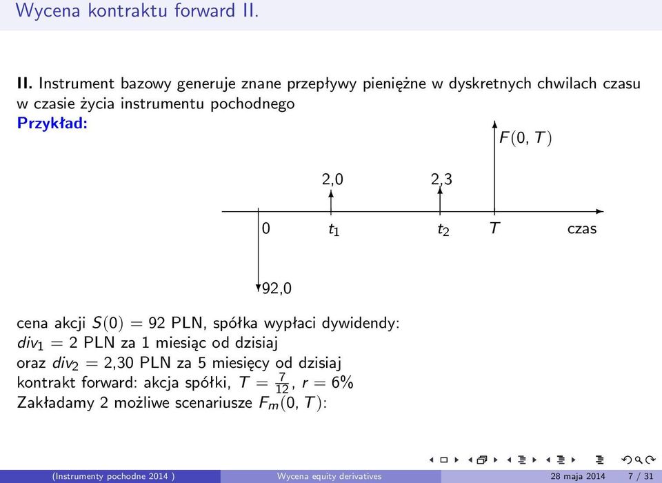 Przykład: F (0, T ) 2,0 2,3 0 t 1 t 2 T czas 92,0 cena akcji S(0) = 92 PLN, spółka wypłaci dywidendy: div 1 = 2 PLN za 1