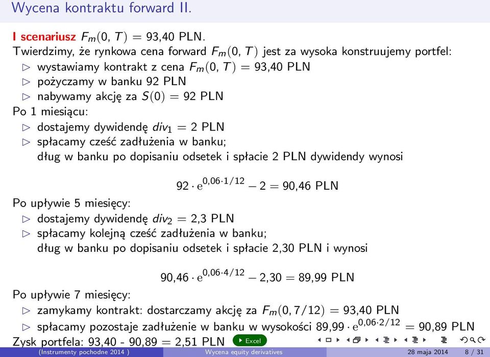 miesiącu: dostajemy dywidendę div 1 = 2 PLN spłacamy cześć zadłużenia w banku; dług w banku po dopisaniu odsetek i spłacie 2 PLN dywidendy wynosi 92 e 0,06 1/12 2 = 90,46 PLN Po upływie 5 miesięcy: