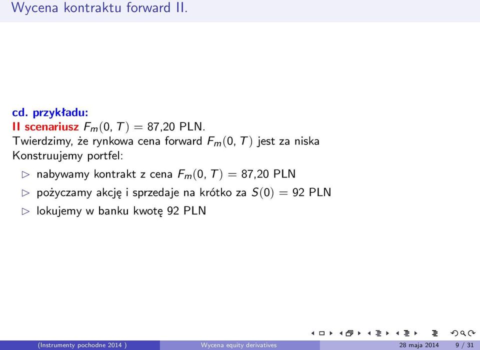 kontrakt z cena F m(0, T ) = 87,20 PLN pożyczamy akcję i sprzedaje na krótko za S(0) = 92