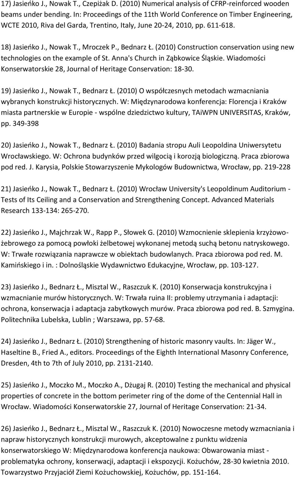 (2010) Construction conservation using new technologies on the example of St. Anna's Church in Ząbkowice Śląskie. Wiadomości Konserwatorskie 28, Journal of Heritage Conservation: 18-30.