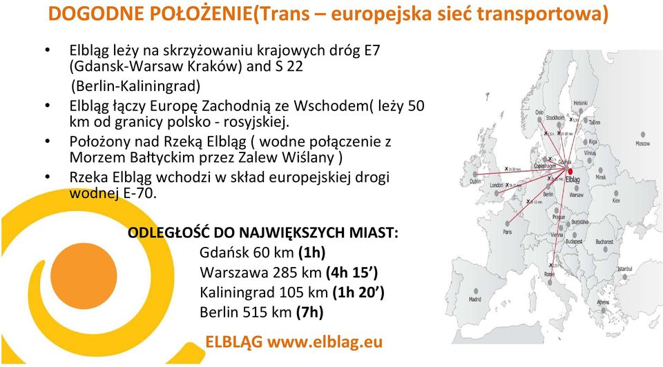 Położony nad RzekąElbląg ( wodne połączenie z Morzem Bałtyckim przez Zalew Wiślany ) Rzeka Elbląg wchodzi w skład europejskiej