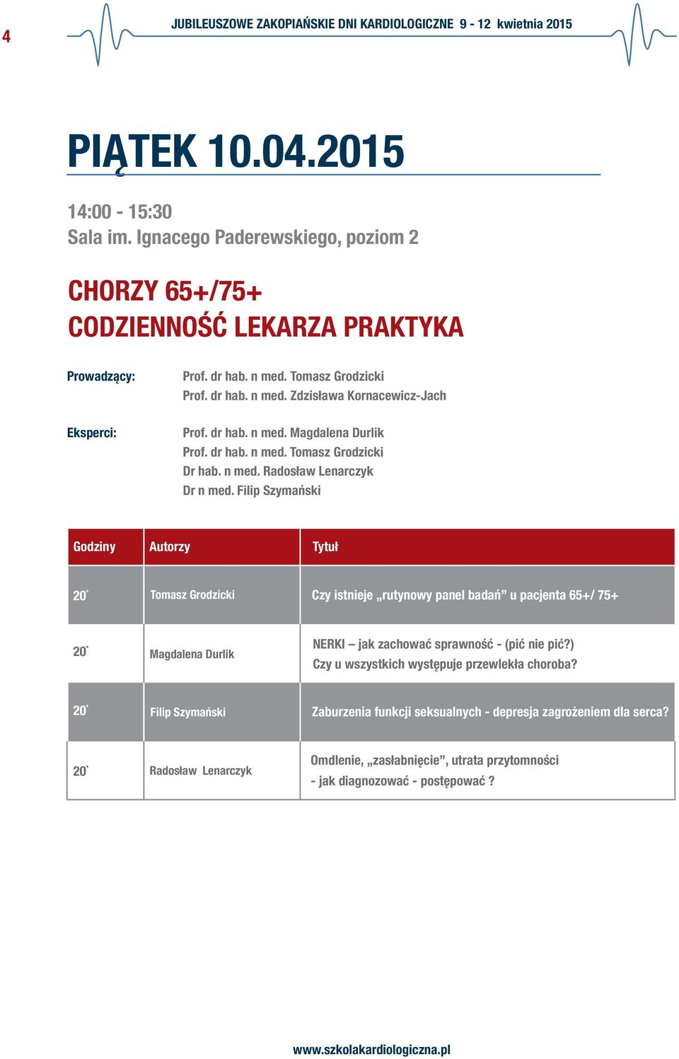 Filip Szymański Tomasz Grodzicki Czy istnieje rutynowy panel badań u pacjenta 65+/ 75+ Magdalena Durlik NERKI jak zachować sprawność - (pić nie pić?