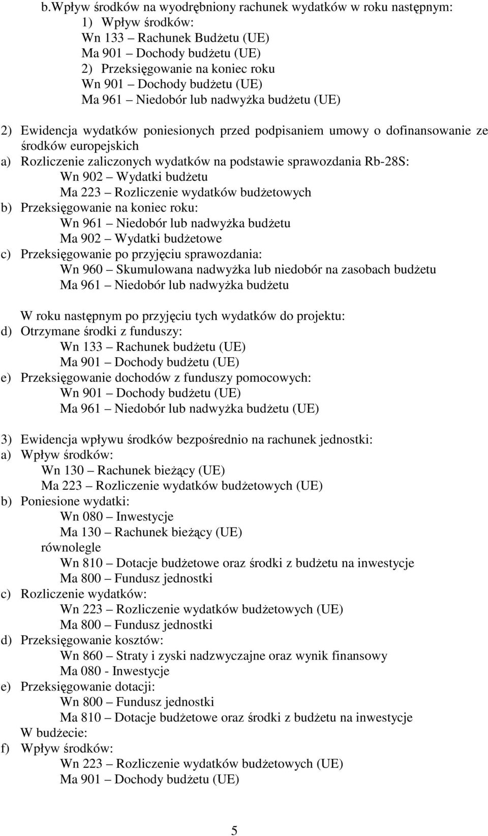 sprawozdania Rb-28S: Wn 902 Wydatki budŝetu Ma 223 Rozliczenie wydatków budŝetowych b) Przeksięgowanie na koniec roku: Wn 961 Niedobór lub nadwyŝka budŝetu Ma 902 Wydatki budŝetowe c) Przeksięgowanie