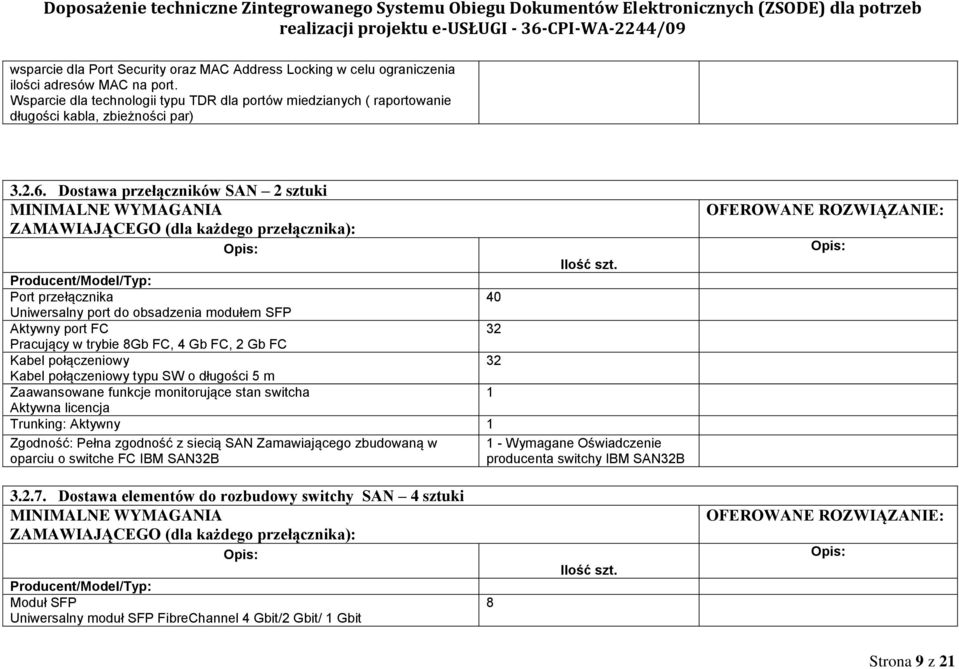 Dostawa przełączników SAN 2 sztuki ZAMAWIAJĄCEGO (dla każdego przełącznika): Port przełącznika 40 Uniwersalny port do obsadzenia modułem SFP Aktywny port FC 32 Pracujący w trybie 8Gb FC, 4 Gb FC, 2