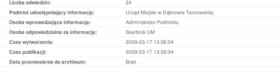 Tarnowskiej Administrator Podmiotu Skarbnik UM Czas wytworzenia: 2009-03-17