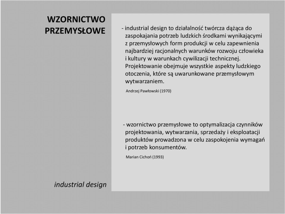 Projektowanie obejmuje wszystkie aspekty ludzkiego otoczenia, które są uwarunkowane przemysłowym wytwarzaniem.