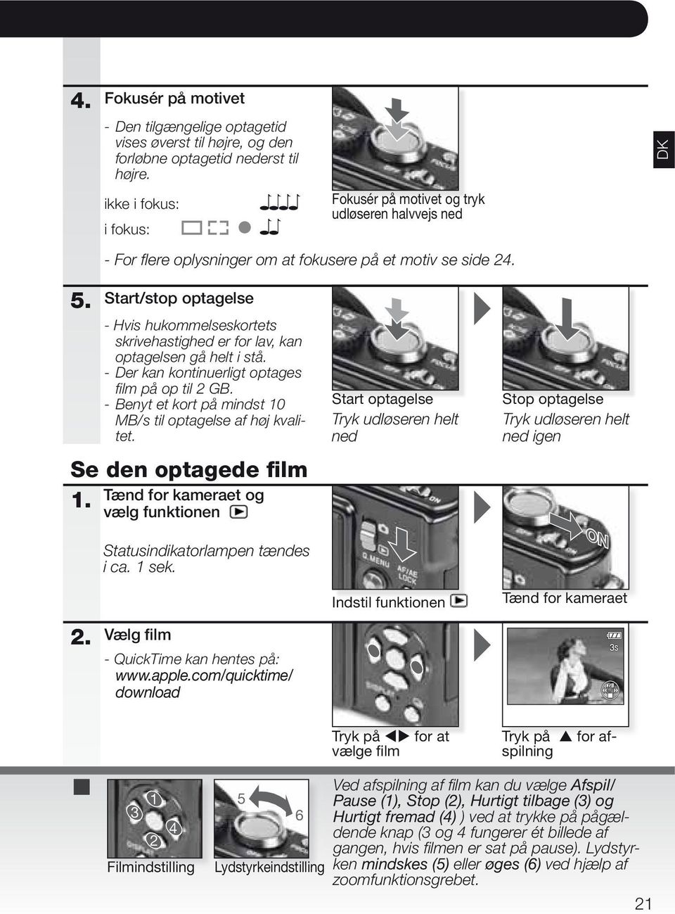 Start/stop optagelse - Hvis hukommelseskortets skrivehastighed er for lav, kan optagelsen gå helt i stå. - Der kan kontinuerligt optages film på op til 2 GB.