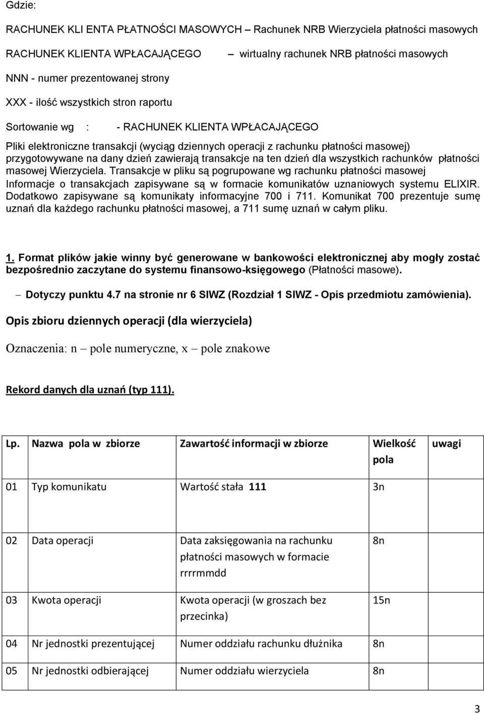 zawierają transakcje na ten dzień dla wszystkich rachunków płatności masowej Wierzyciela.