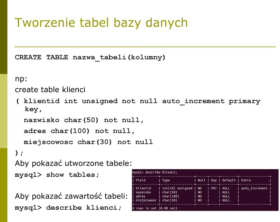 char(50) not null, adres char(100) not null, miejscowosc char(30) not null Aby