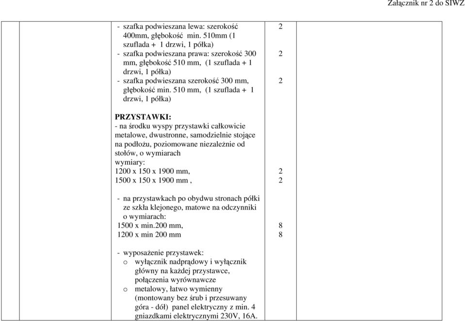 50 mm, ( szuflada + drzwi, półka) PRZYSTAWKI: - na środku wyspy przystawki całkowicie metalowe, dwustronne, samodzielnie stojące na podłożu, poziomowane niezależnie od stołów, o wymiarach wymiary: 00