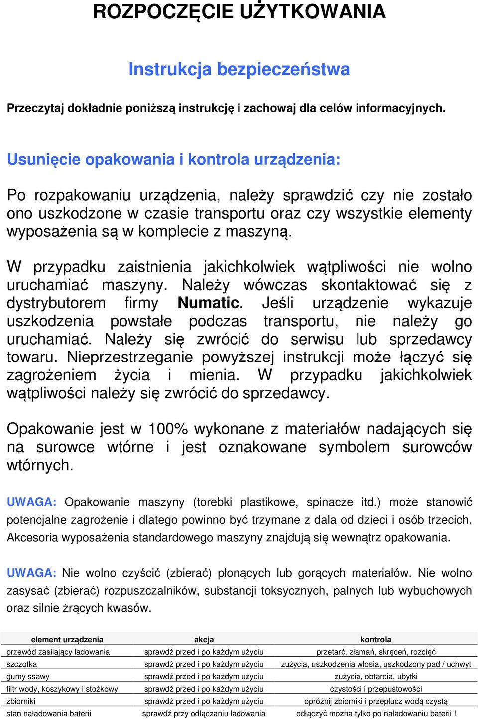 maszyną. W przypadku zaistnienia jakichkolwiek wątpliwości nie wolno uruchamiać maszyny. Należy wówczas skontaktować się z dystrybutorem firmy Numatic.