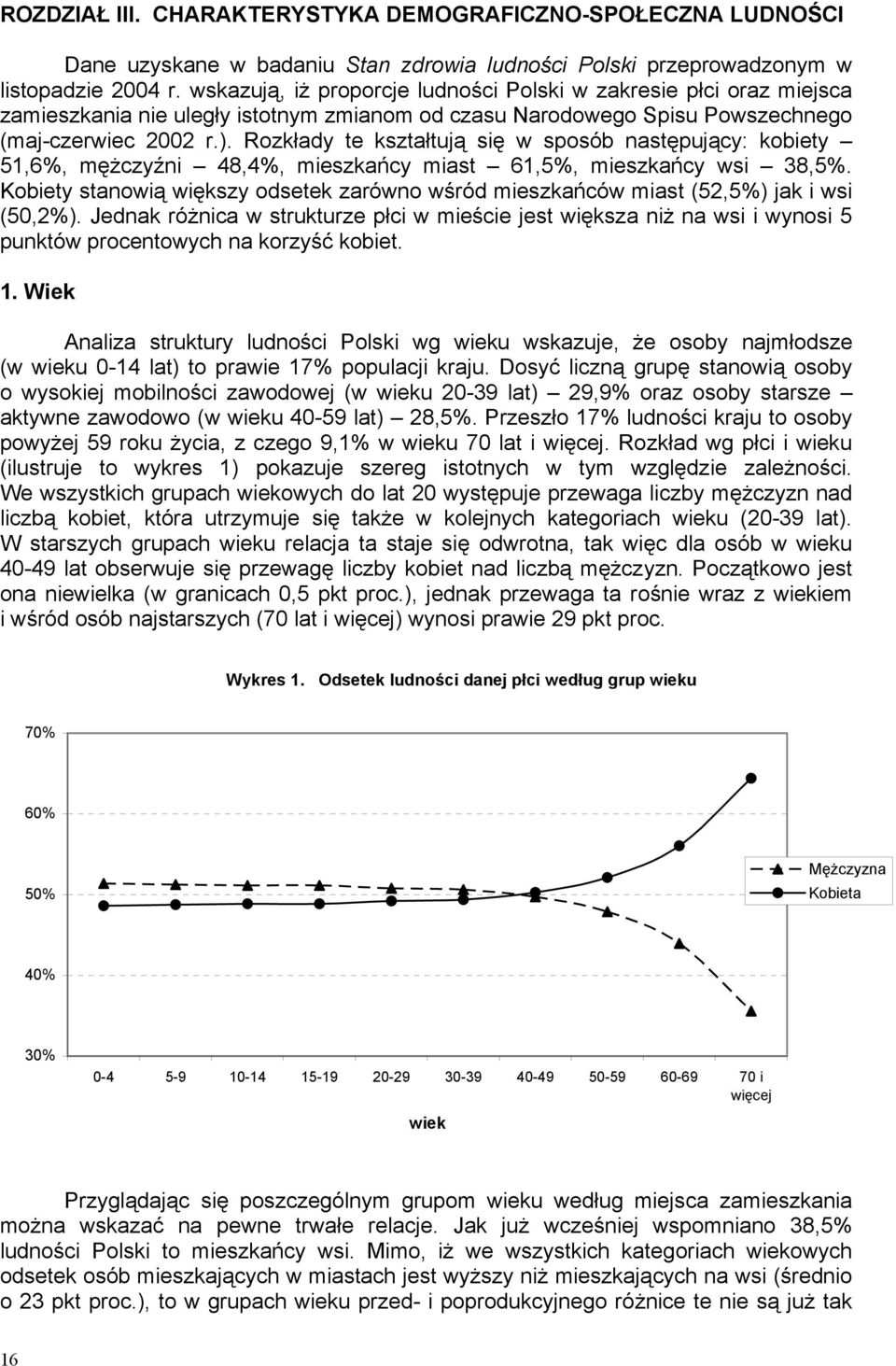 Rozkłady te kształtują się w sposób następujący: kobiety 51,6%, mężczyźni 48,4%, mieszkańcy miast 61,5%, mieszkańcy wsi 38,5%.