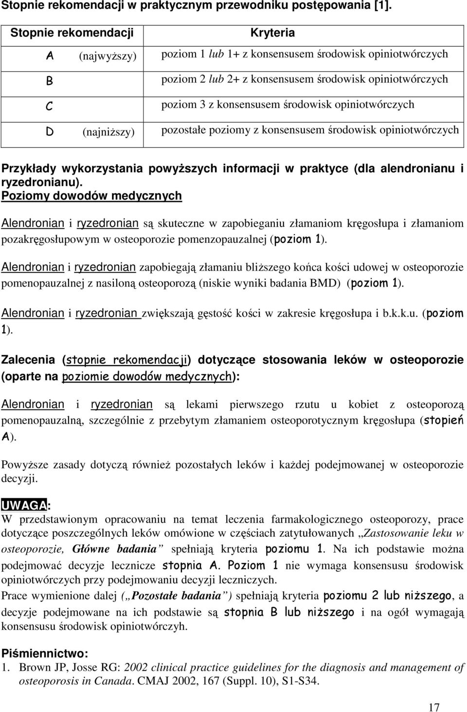 opiniotwórczych D (najniŝszy) pozostałe poziomy z konsensusem środowisk opiniotwórczych Przykłady wykorzystania powyŝszych informacji w praktyce (dla alendronianu i ryzedronianu).