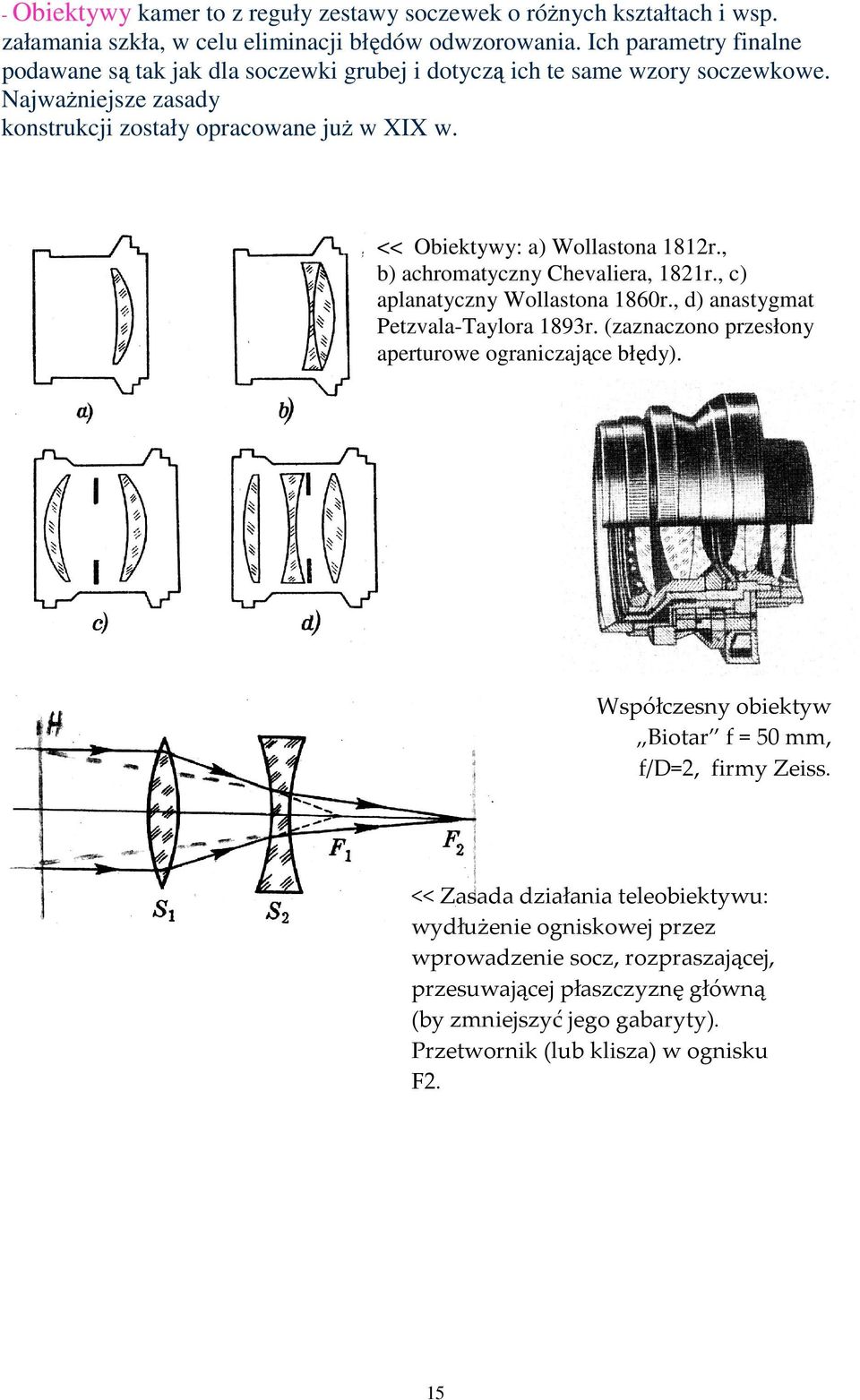 << Obiektywy: a) Wollastona 1812r., b) achromatyczny Chevaliera, 1821r., c) aplanatyczny Wollastona 1860r., d) anastygmat Petzvala-Taylora 1893r.