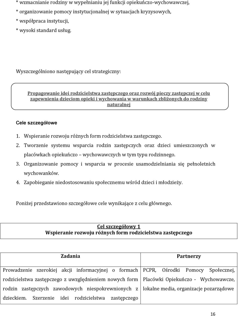 rodziny naturalnej Cele szczegółowe 1. Wspieranie rozwoju różnych form rodzicielstwa zastępczego. 2.