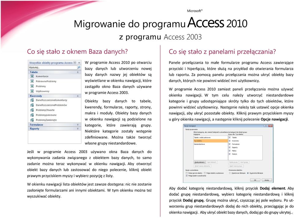 2003. Obiekty bazy danych to tabele, kwerendy, formularze, raporty, strony, makra i moduły. Obiekty bazy danych w okienku nawigacji są podzielone na kategorie, które zawierają grupy.