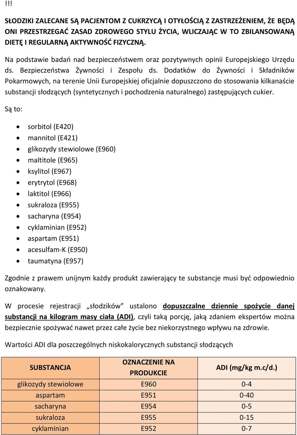 Dodatków do Żywności i Składników Pokarmowych, na terenie Unii Europejskiej oficjalnie dopuszczono do stosowania kilkanaście substancji słodzących (syntetycznych i pochodzenia naturalnego)
