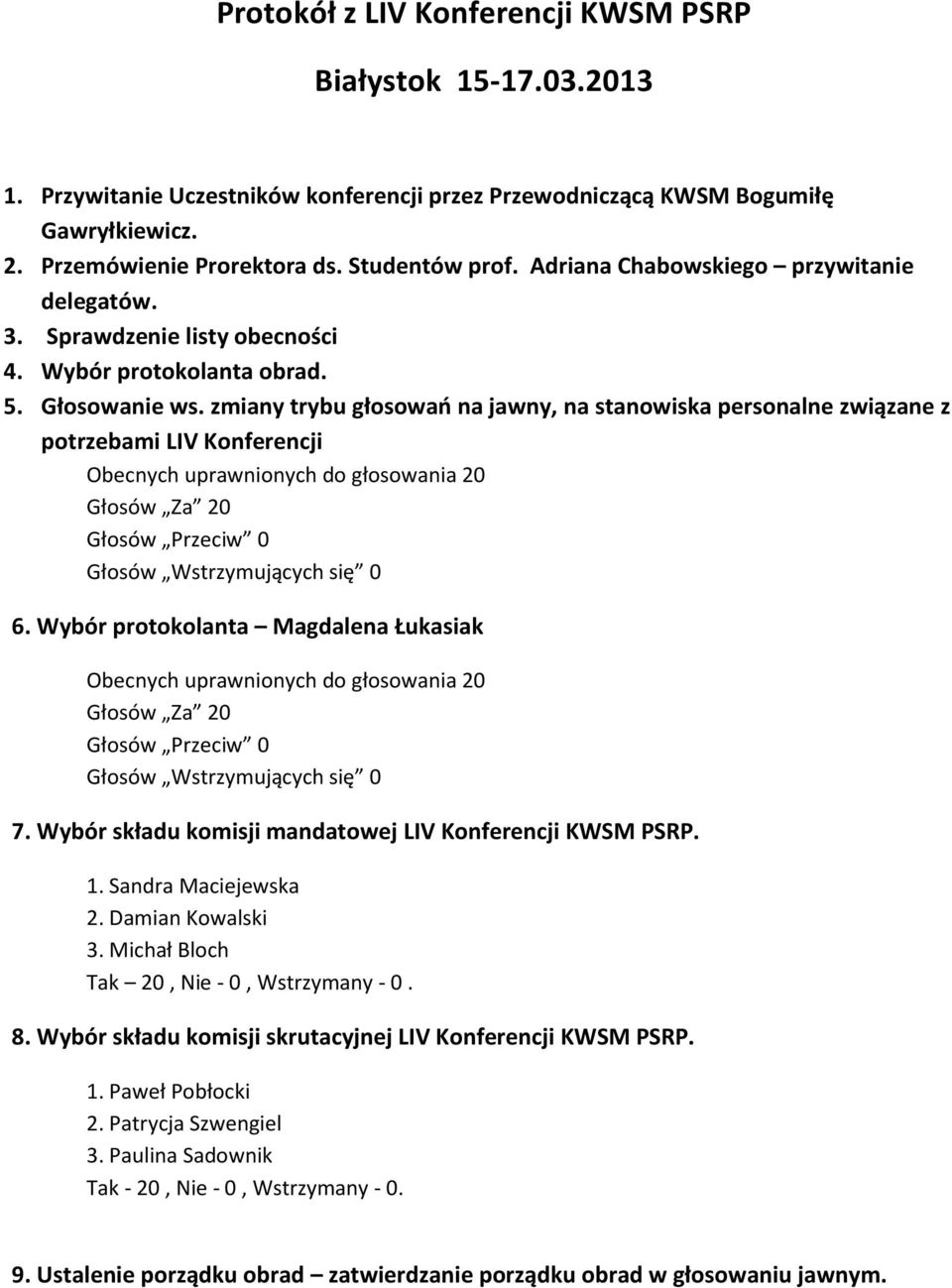 zmiany trybu głosowań na jawny, na stanowiska personalne związane z potrzebami LIV Konferencji Obecnych uprawnionych do głosowania 20 Głosów Za 20 Głosów Przeciw 0 Głosów Wstrzymujących się 0 6.