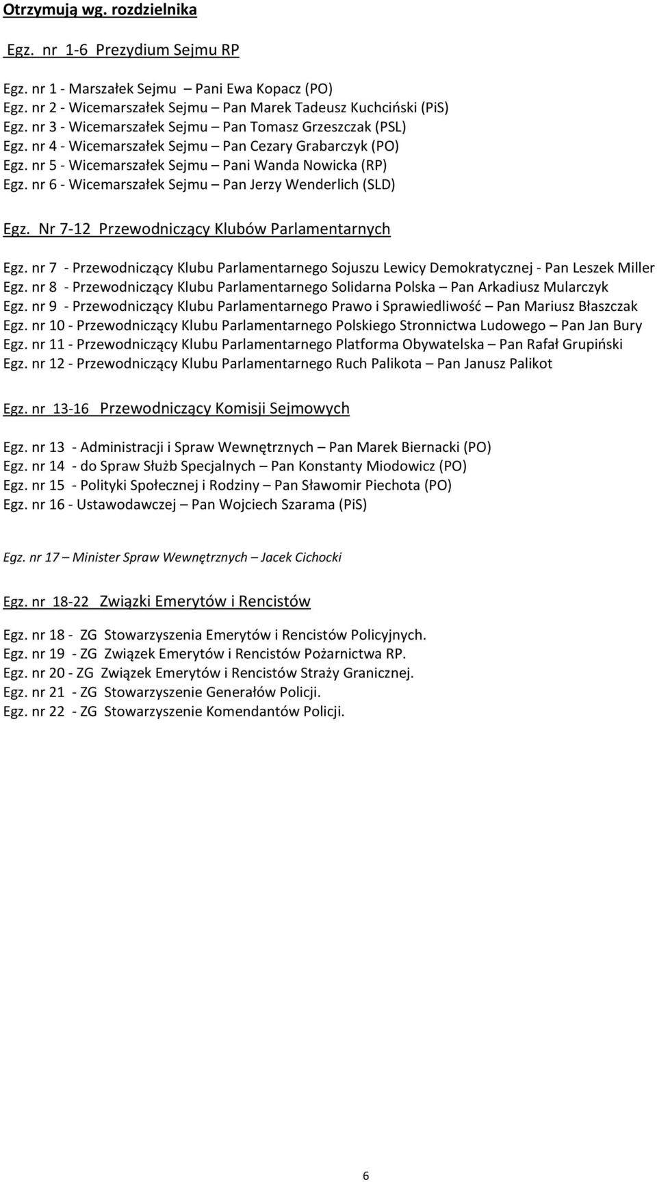 nr 6 - Wicemarszałek Sejmu Pan Jerzy Wenderlich (SLD) Egz. Nr 7-12 Przewodniczący Klubów Parlamentarnych Egz.