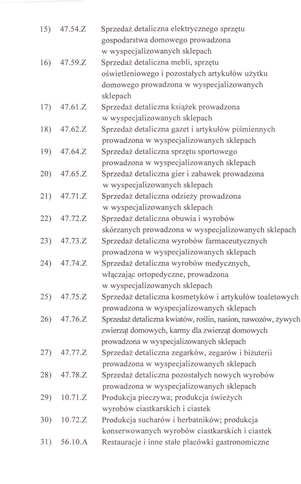 Z Sprzedaż detaliczna książek prowadzona w wyspecjalizowanych sklepach 18) 47.62.Z Sprzedaż detaliczna gazet i artykułów piśmiennych 19) 47.64.Z Sprzedaż detaliczna sprzętu sportowego 20) 47.65.