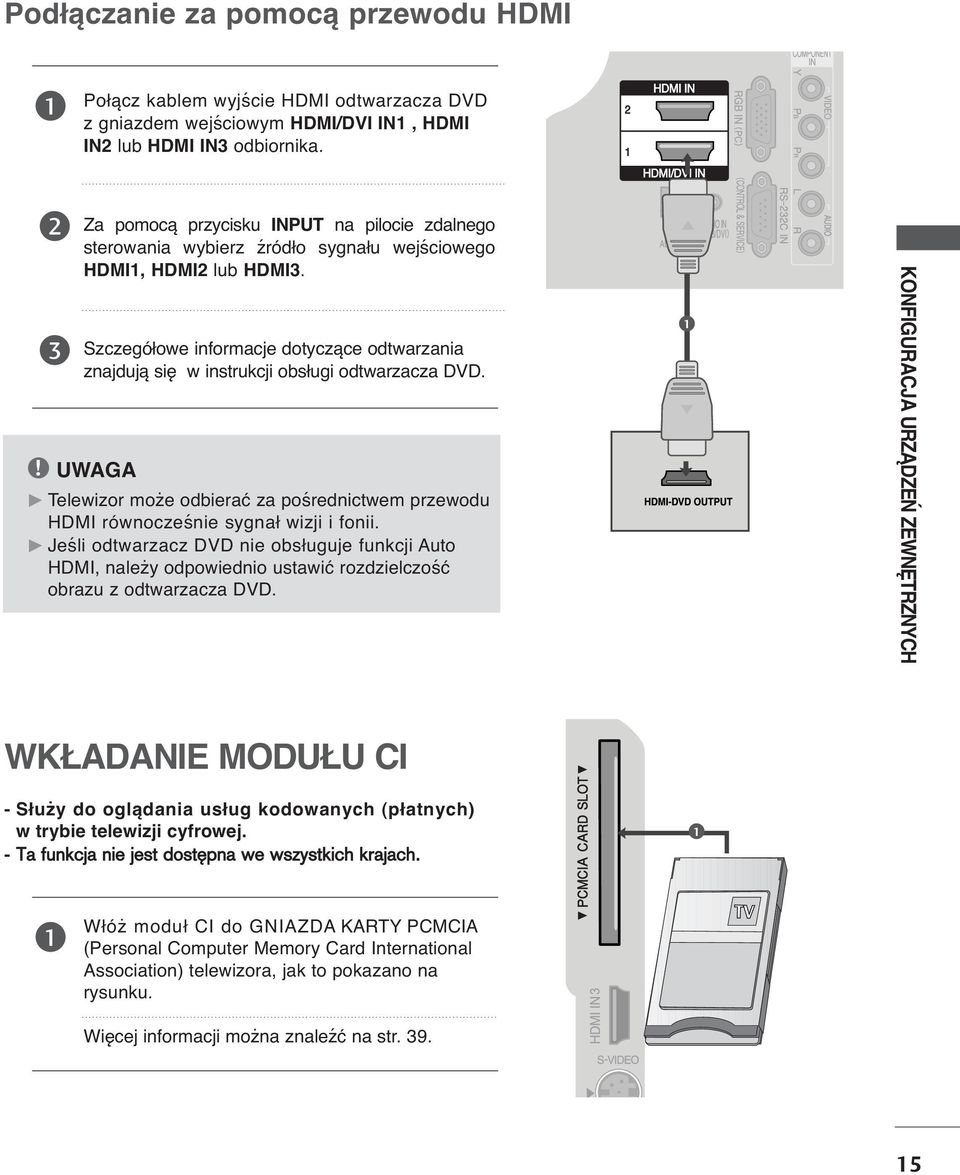 Szczegółowe informacje dotyczące odtwarzania znajdują się w instrukcji obsługi odtwarzacza DVD. UWAGA G Telewizor może odbierać za pośrednictwem przewodu HDMI równocześnie sygnał wizji i fonii.